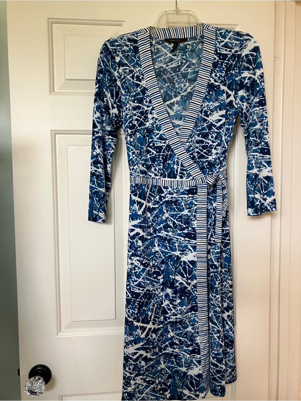 BCBGMaxAzria Blue and White Long Sleeve Wrap Dress